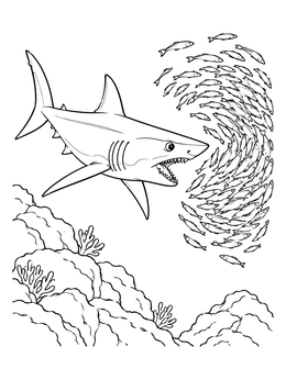 A mako shark coloring page showing the hunter swimming toward a swirling school of small fish over a coral reef.