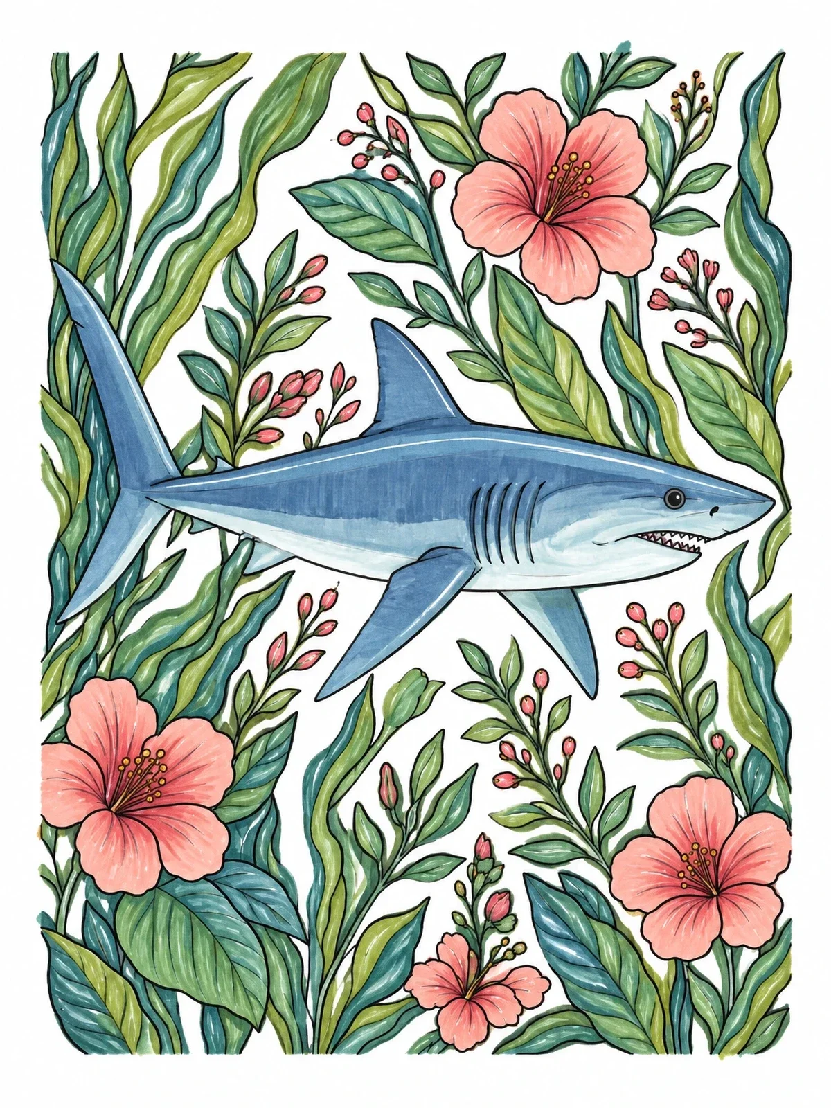 Colored example of the Mako Shark Surrounded By Tropical Flora coloring page