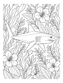Detailed mako shark coloring page featuring a shark swimming among intricate flowers and foliage.
