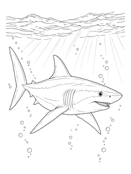 A realistic mako shark coloring page featuring ocean waves, light rays, and air bubbles.