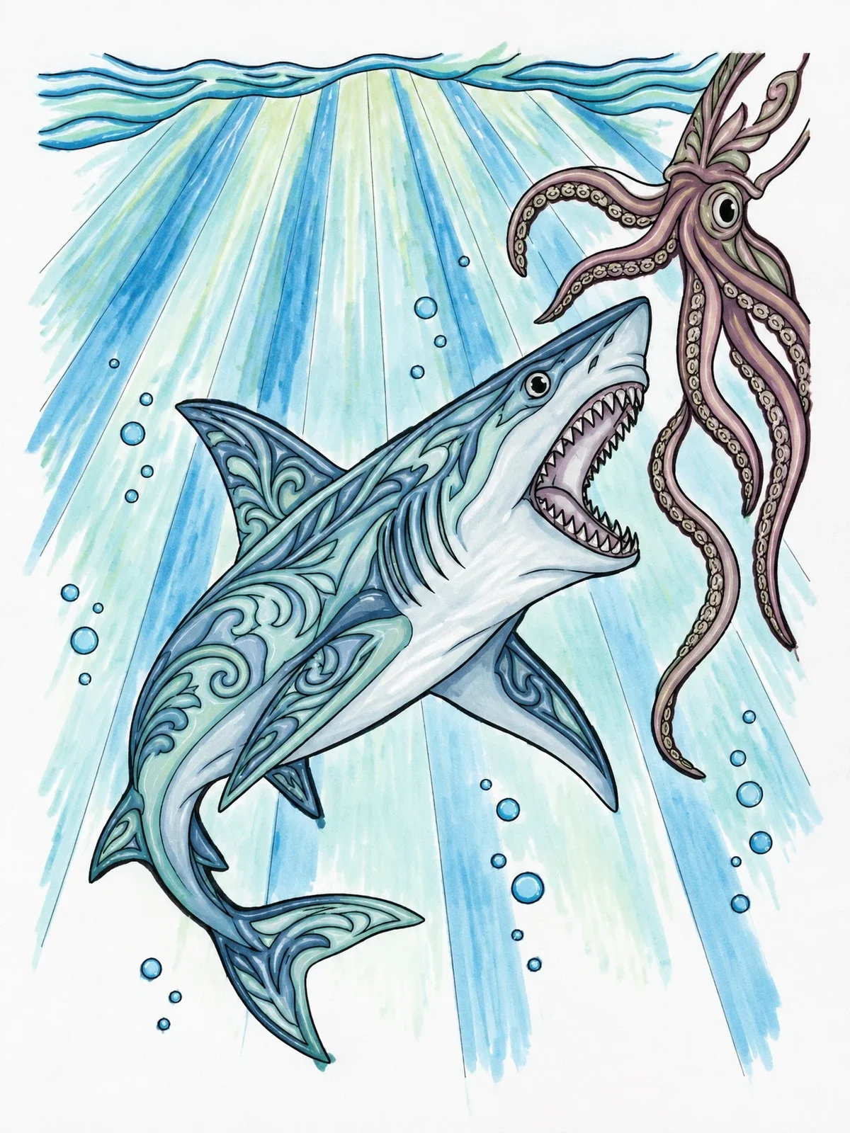 Colored example of the Mako Shark And Giant Squid coloring page