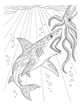 A patterned mako shark coloring page showing an open-jawed shark swimming toward squid tentacles under ocean light rays.