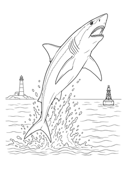 A realistic mako shark coloring page showing the predator breaching the ocean near a lighthouse.
