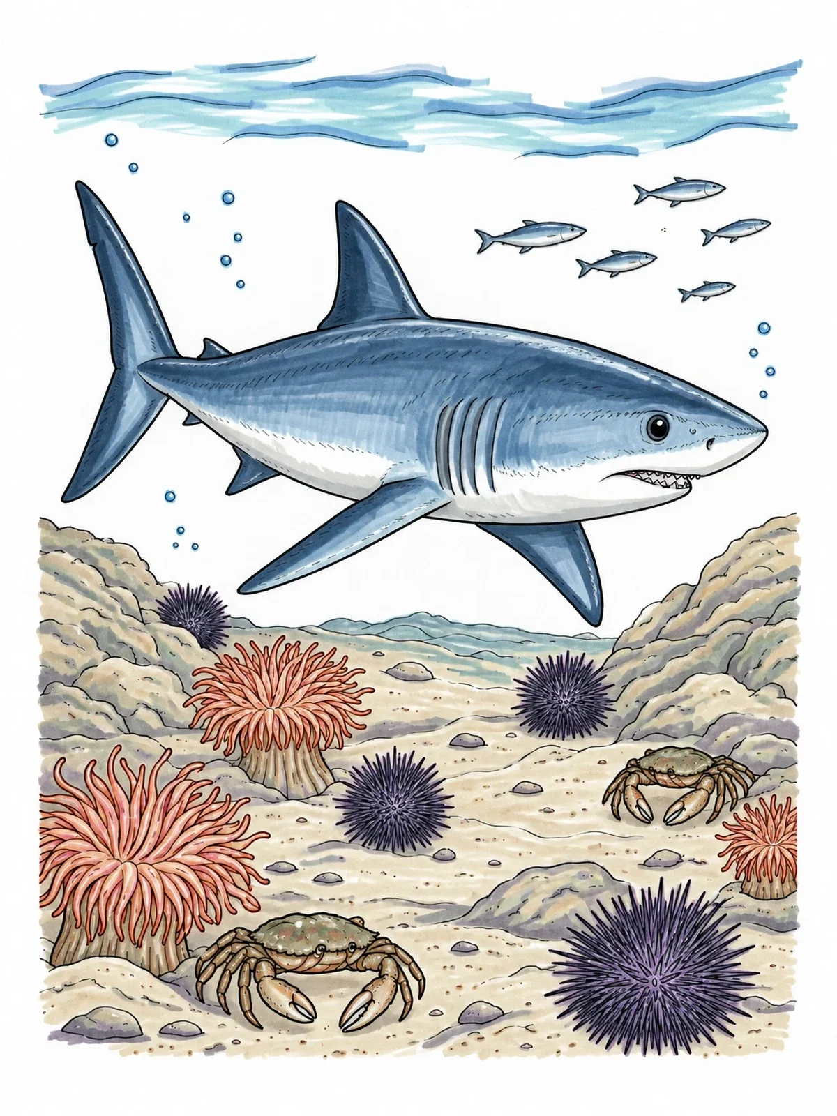 Colored example of the Mako Shark Over Coral Seabed coloring page