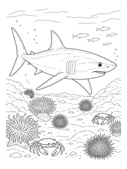 A detailed mako shark coloring page showing the predator swimming above sea urchins, crabs, and anemones.