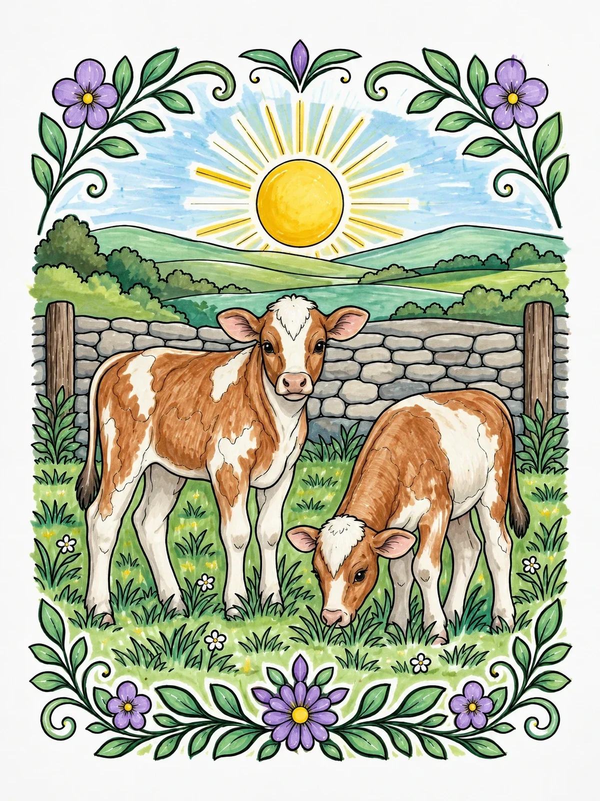 Colored example of the Calves Grazing Under The Sun coloring page