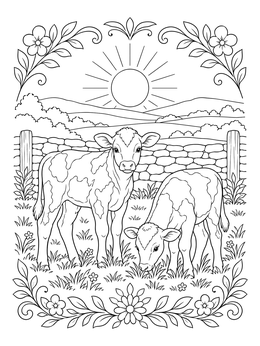 Two young calves grazing peacefully in a meadow under a bright sun on this Malachi coloring page.