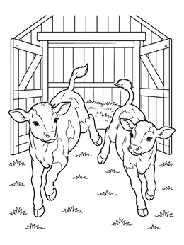 Two joyful calves leaping outside a barn on this malachi coloring page.