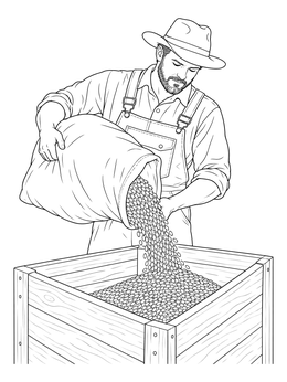 A farmer pours seeds into a wooden bin in this Malachi coloring page illustration.