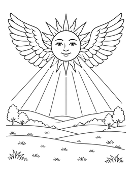 A sun with wings shines beams over rolling hills in this malachi coloring page.
