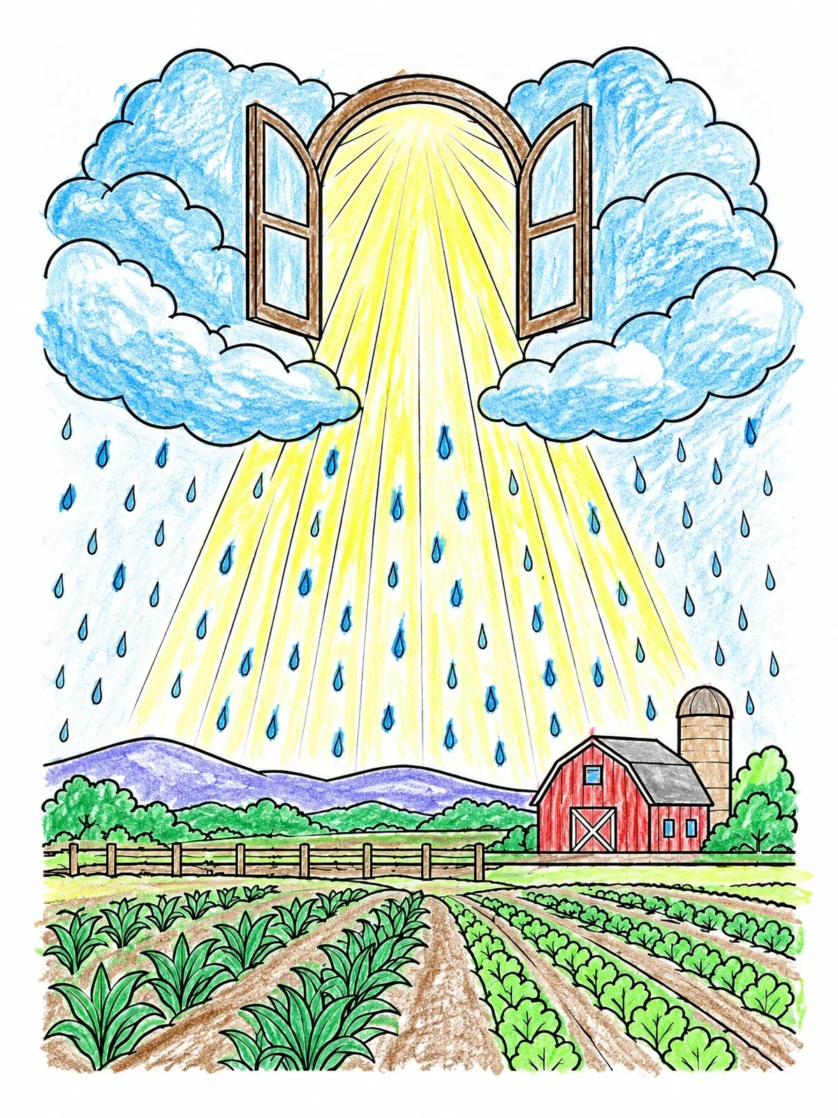 Colored example of the Open Windows Of Heaven Over Farmland coloring page