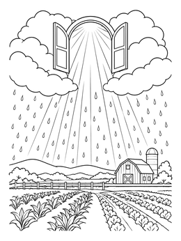 An open window in the clouds pours blessings over a farm in this malachi coloring page.