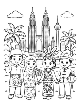 Free printable Children In Kuala Lumpur Cityscape coloring page