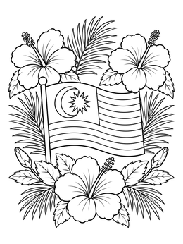 Free printable Malaysian Flag With Hibiscus Flowers coloring page