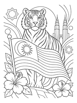 A proud Malayan tiger stands beside the flag and Petronas Towers in this malaysia coloring page.