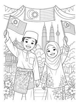 A cheerful boy and girl celebrate on this malaysia coloring page with flags and city views.