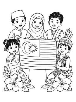 Free printable Malaysian Children With National Flag coloring page
