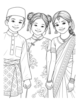 Three smiling children wearing traditional outfits in a detailed malaysia coloring page.