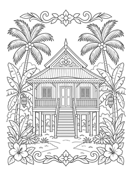 Traditional wooden stilt house framed by tropical palms on a malaysia coloring page.