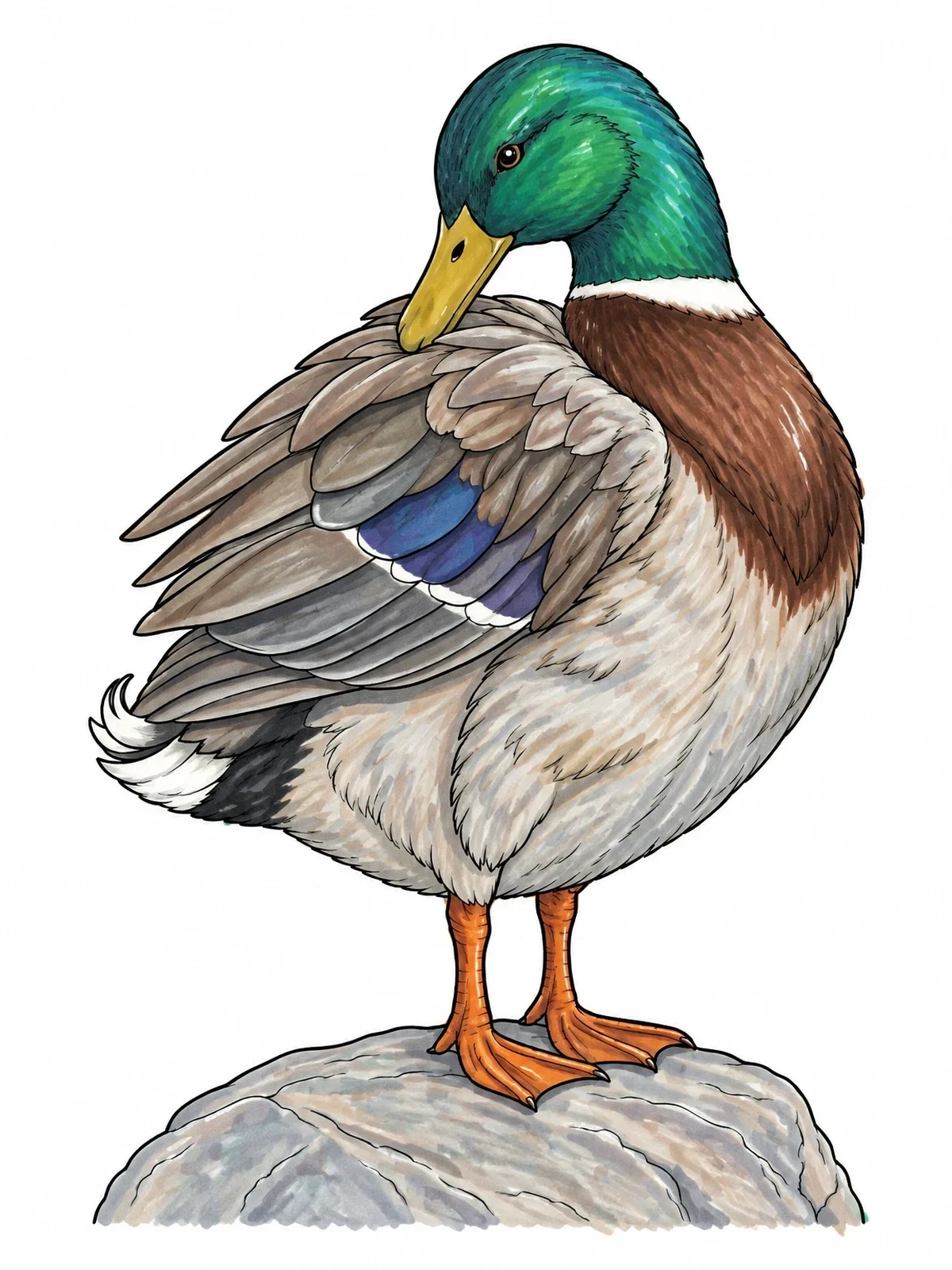 Colored example of the Mallard Duck Preening On A Rock coloring page