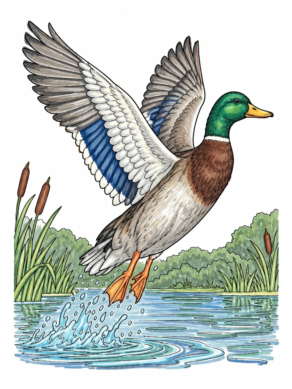 Colored example of the Mallard Duck Taking Flight coloring page
