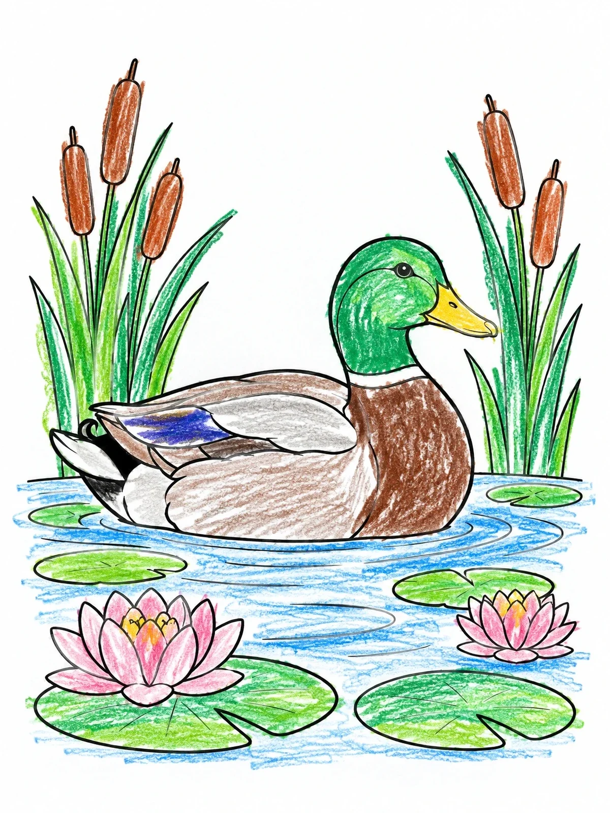 Colored example of the Mallard Duck On Pond With Water Lilies coloring page