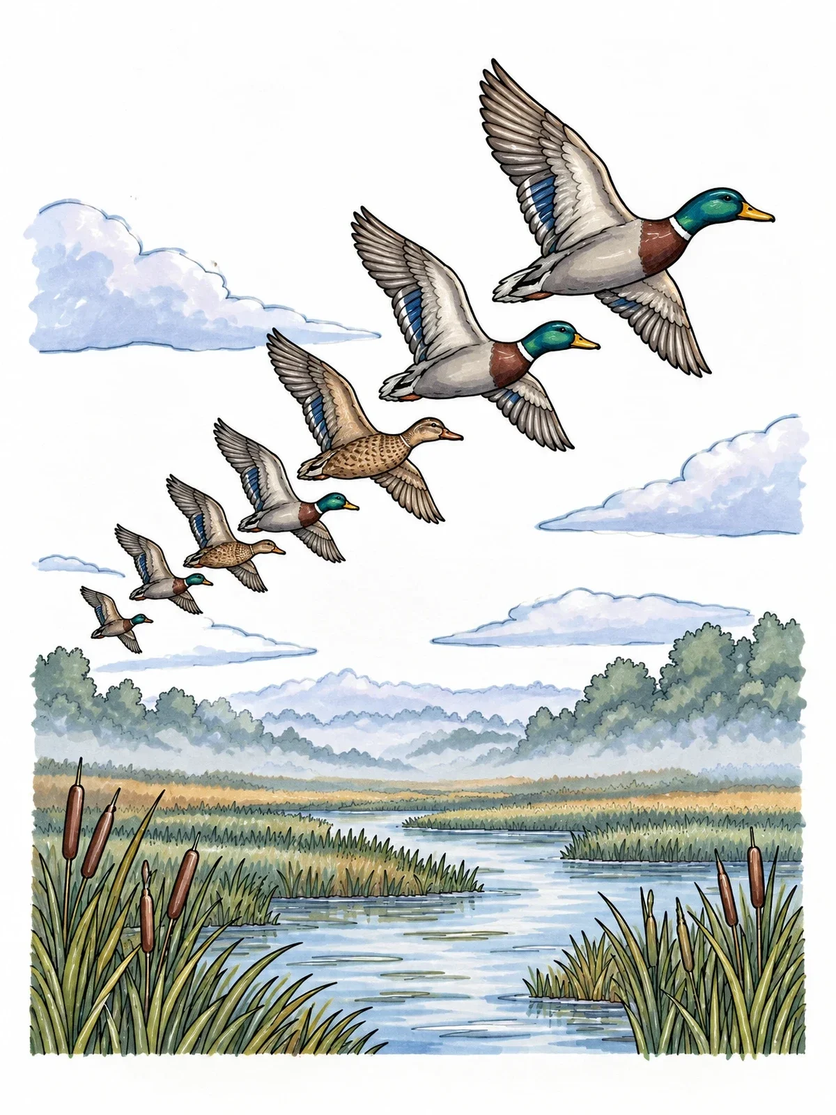 Colored example of the Mallards Flying Over Marshland coloring page