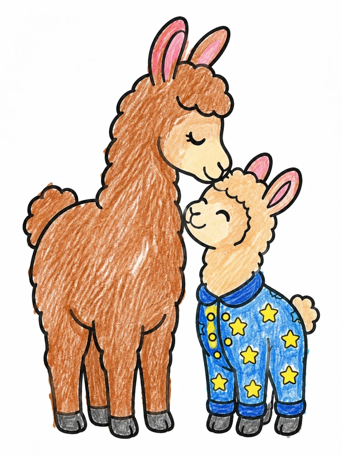 Colored example of the Mama Llama Kissing Baby In Pajamas coloring page