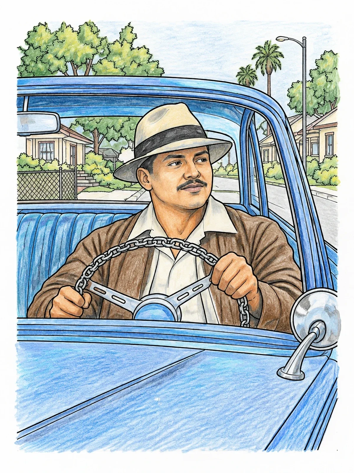 Colored example of the Man Cruising In Vintage Lowrider coloring page