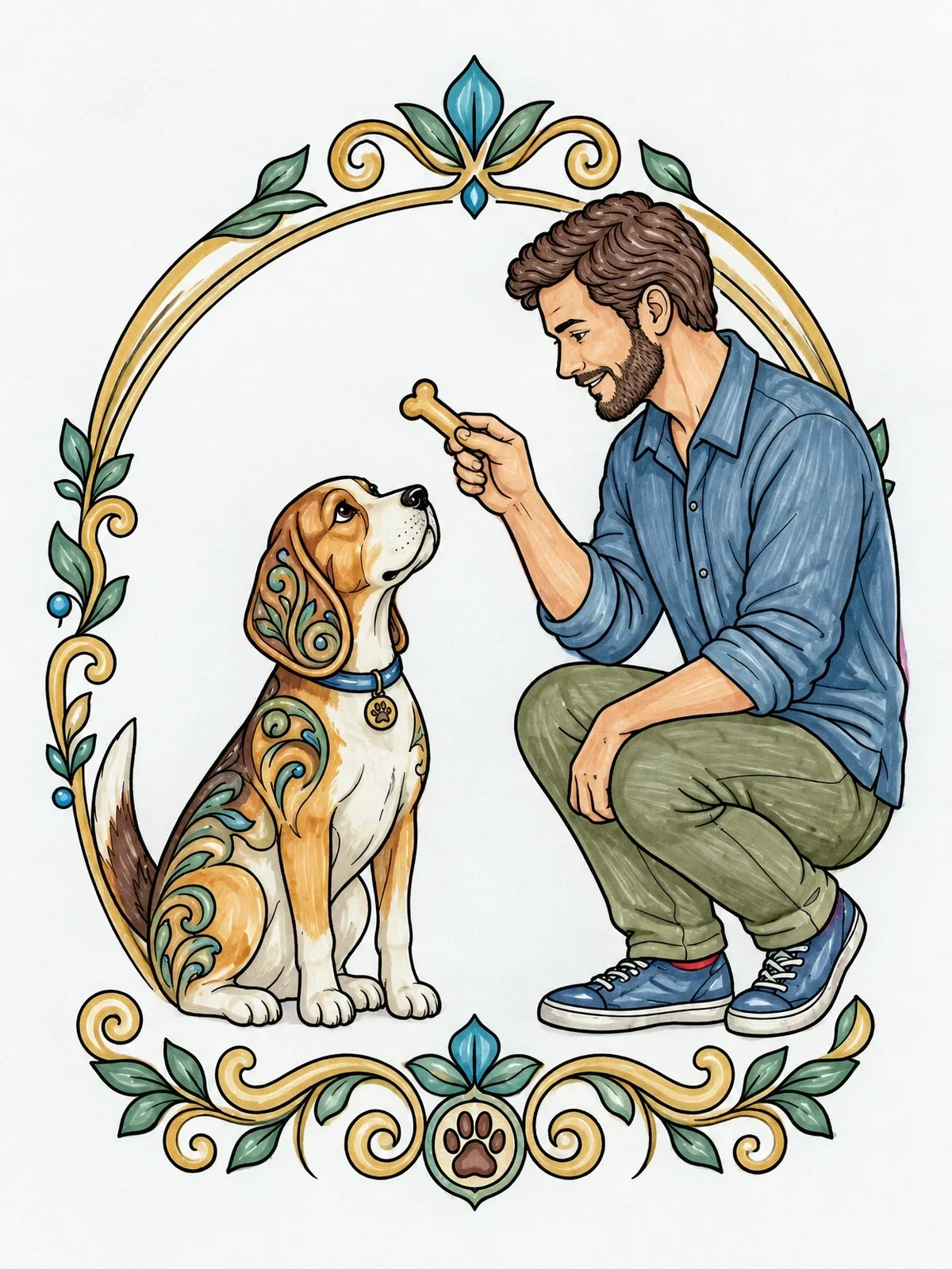 Colored example of the Man Giving Treat To Dog coloring page