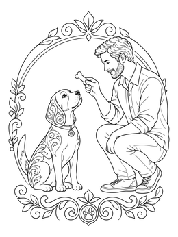 A man offers a treat to his dog in this framed dog bone coloring page.