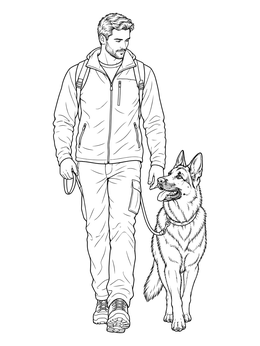 A man walking beside his dog in this german shepherd coloring page.