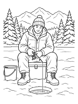 A man drops his line in an ice hole in this ice fishing coloring page with mountains and snowy pine trees.