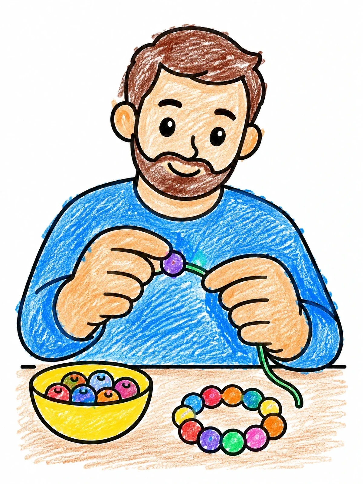Colored example of the Man Making A Beaded Bracelet coloring page