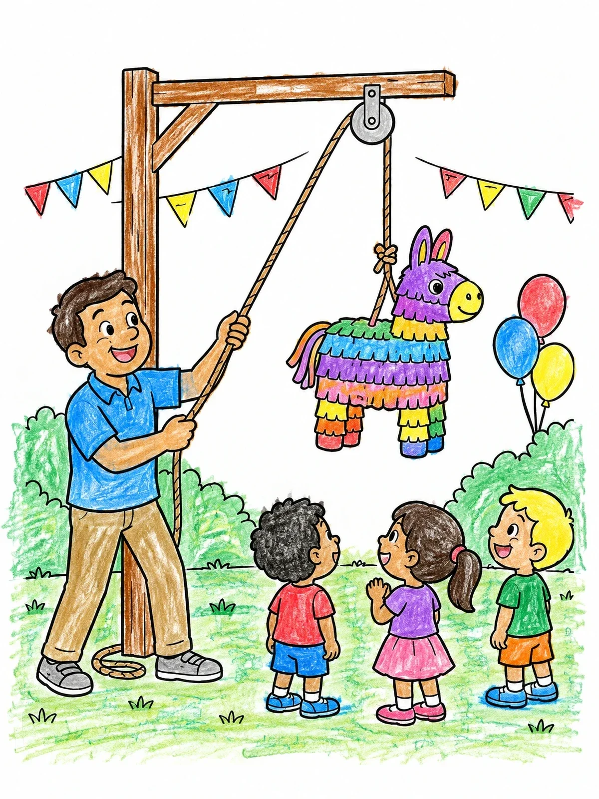 Colored example of the Man Raising Donkey Pinata For Kids coloring page