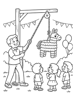 A man controls a suspended donkey in this festive pinata coloring page surrounded by excited children.