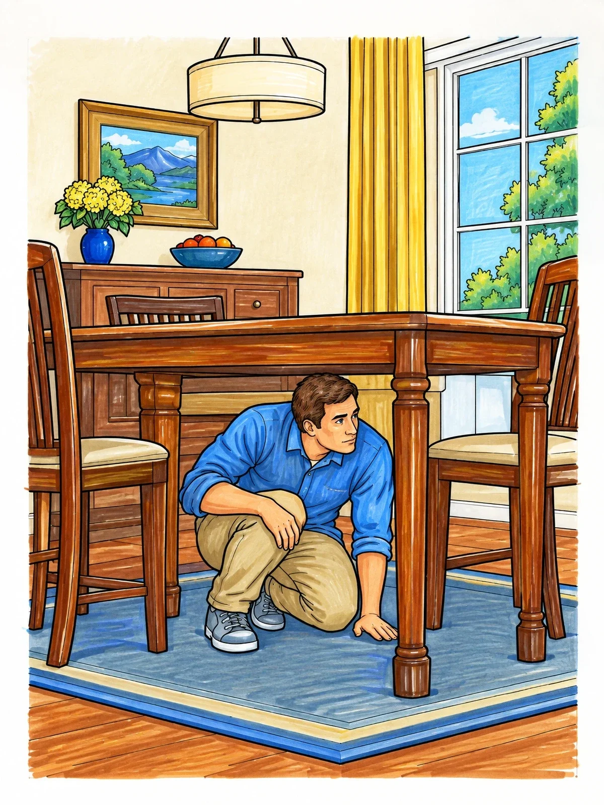 Colored example of the Man Taking Shelter Under Dining Table coloring page
