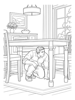 Free printable Man Taking Shelter Under Dining Table coloring page