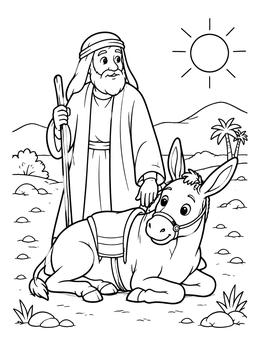 A friendly man stands beside his resting pet in this donkey coloring page.