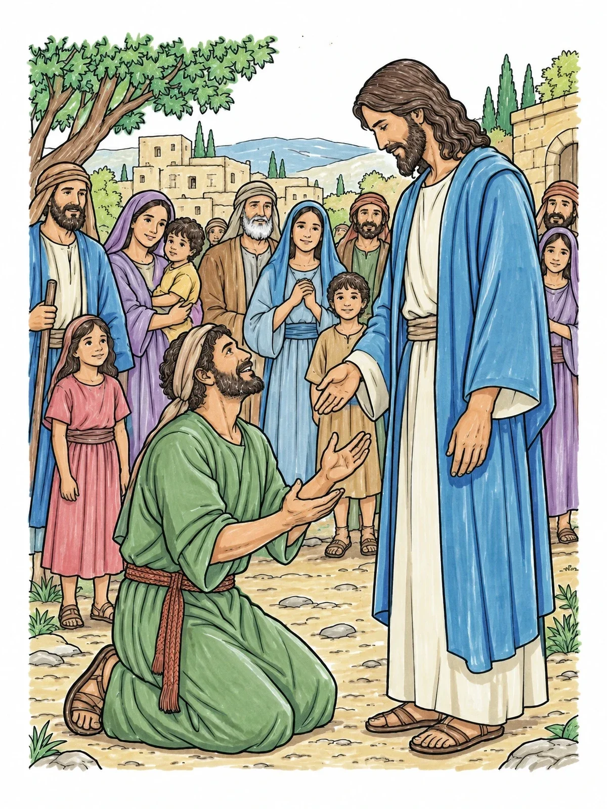 Colored example of the Man Thanking Jesus In Town coloring page