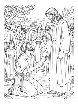 A grateful man kneels before Christ in this detailed jesus heals coloring page.