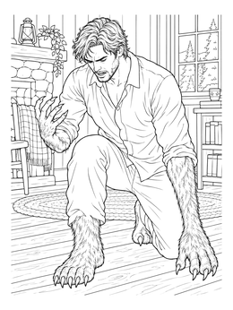 A man kneels on a wooden floor in this detailed werewolf coloring page as his hands and feet turn into wolf paws.