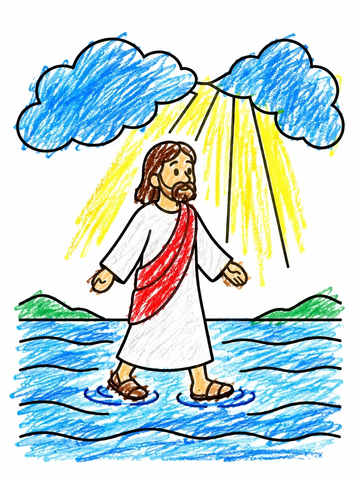 Colored example of the Man Walking On Water Under Clouds coloring page