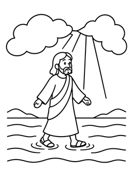 Free printable Man Walking On Water Under Clouds coloring page