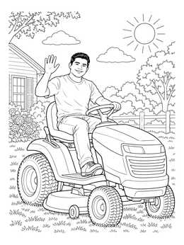 Free printable Man Waving On Riding Mower coloring page