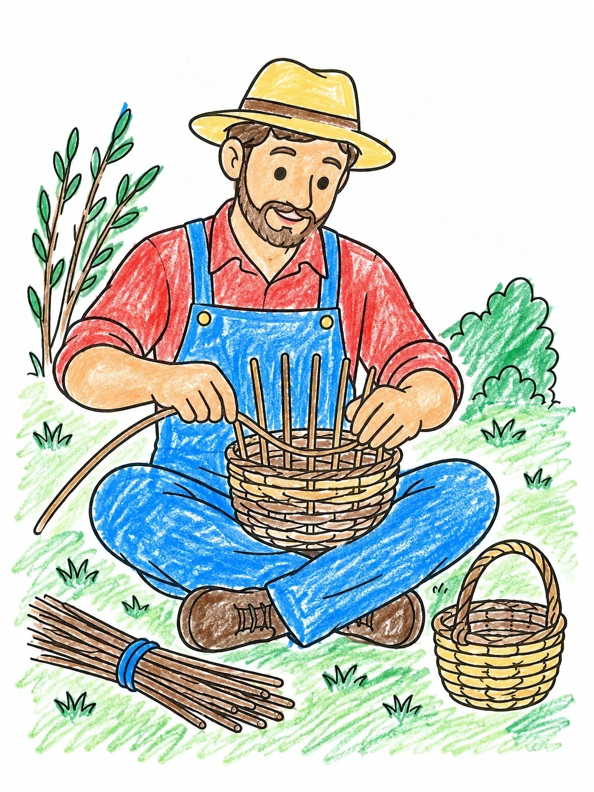 Colored example of the Basket Weaver Working Outdoors coloring page