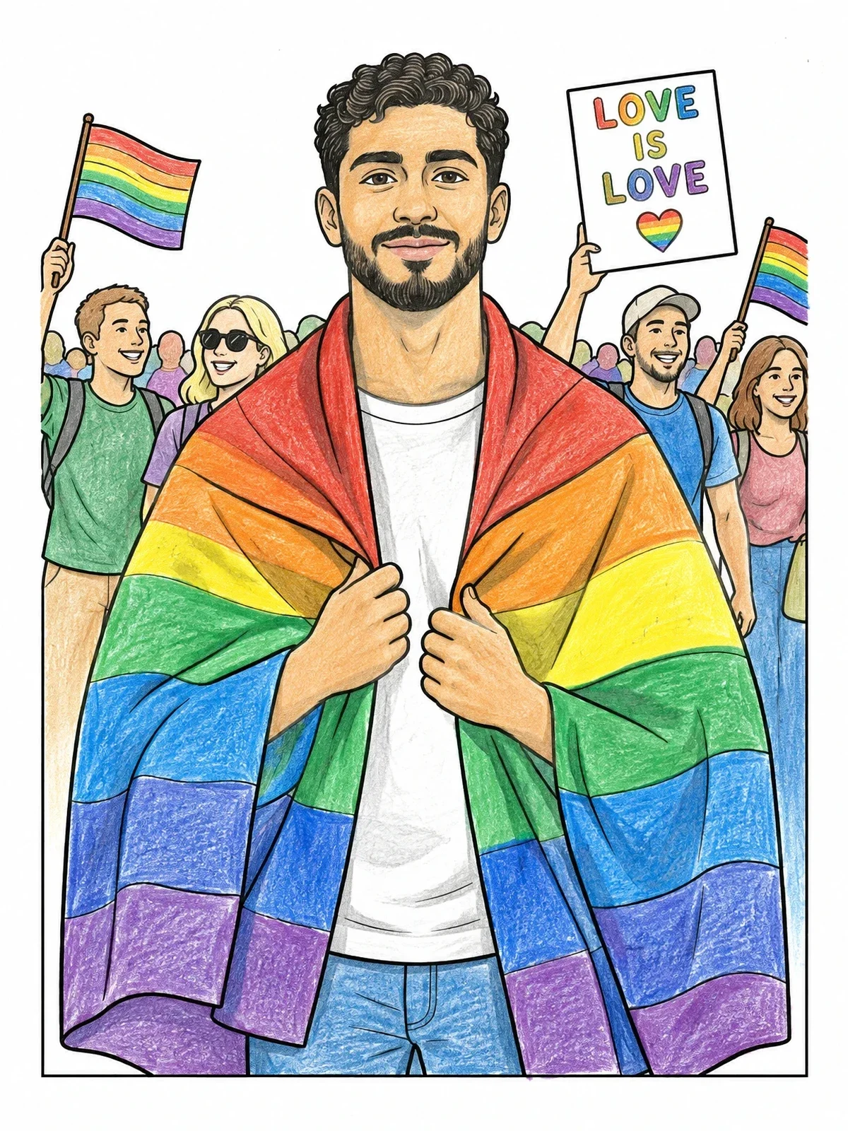 Colored example of the Man With Pride Flag At Parade coloring page