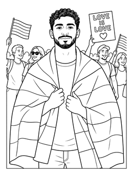 A young man holding a draped pride flag at a rally in this pride coloring page.