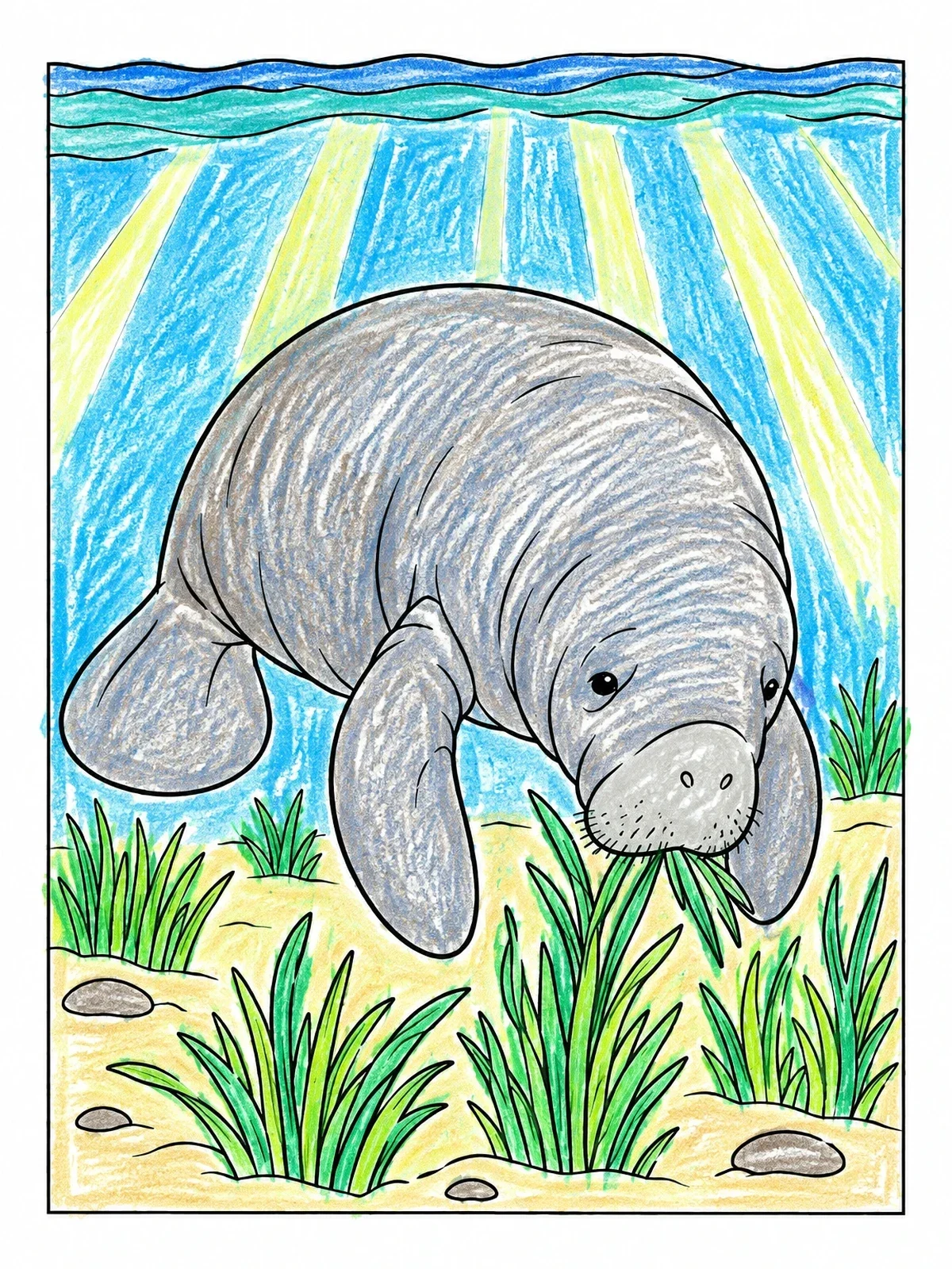 Colored example of the Manatee Grazing On Riverbed Seagrass coloring page
