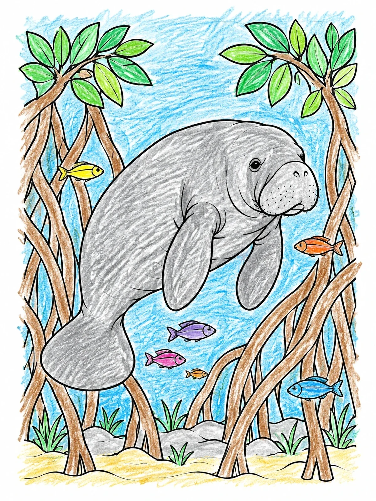 Colored example of the Manatee Swimming Among Mangrove Roots coloring page